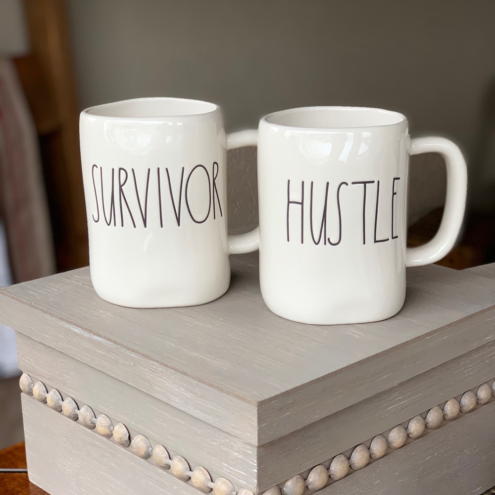 Rae Dunn Survivor & Hustle coffee mugs